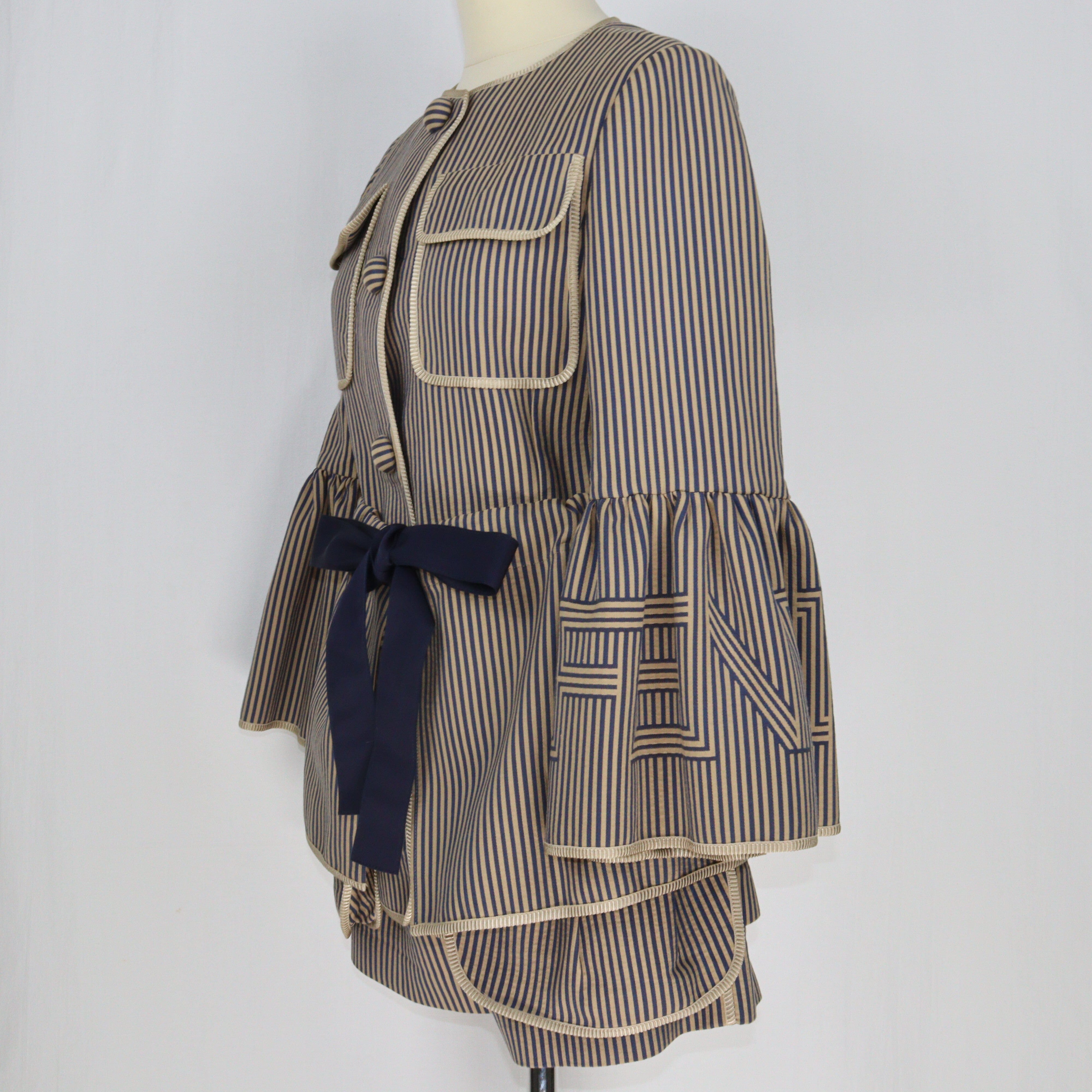 Beige/Navy Blue Runway Striped Ribbon Jacket & Short Set Clothing Fendi 