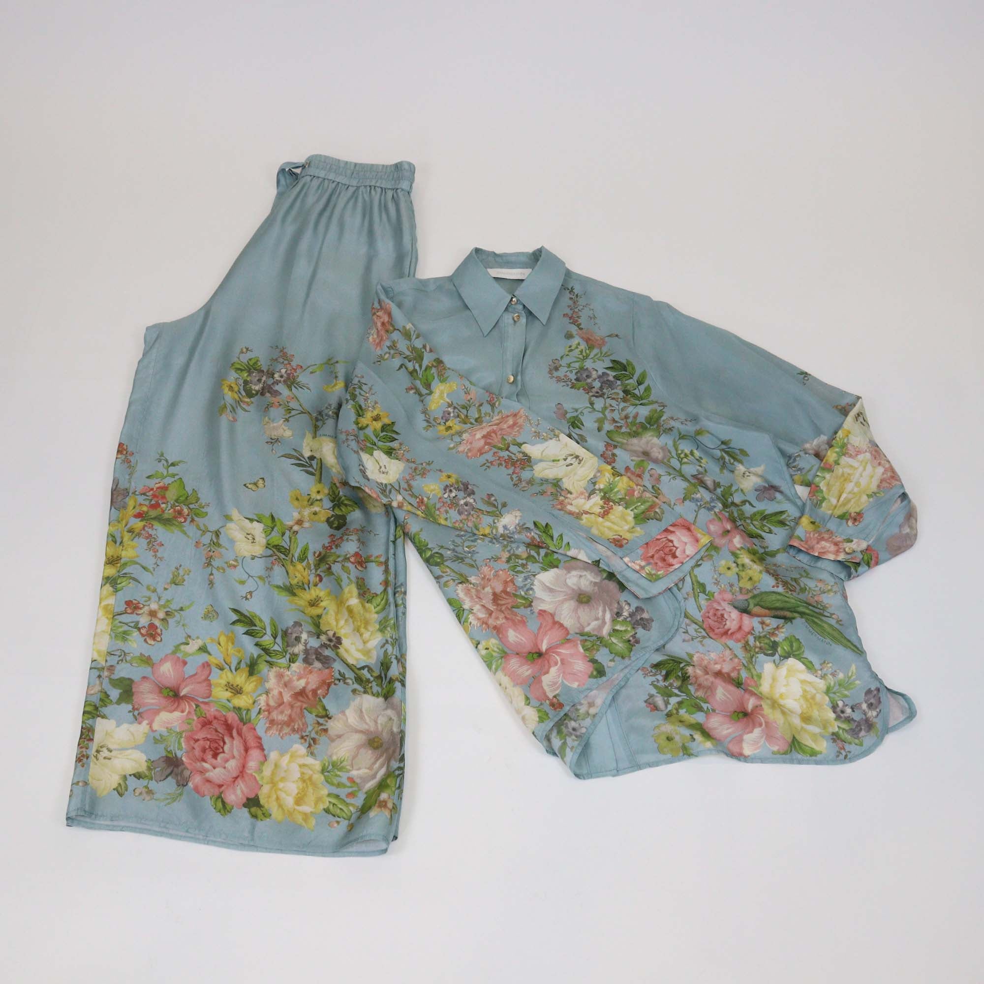 Zimmermann Light Blue/Multicolor Silk Floral Print Relaxed Long Sleeve Shirt & Trouser Set