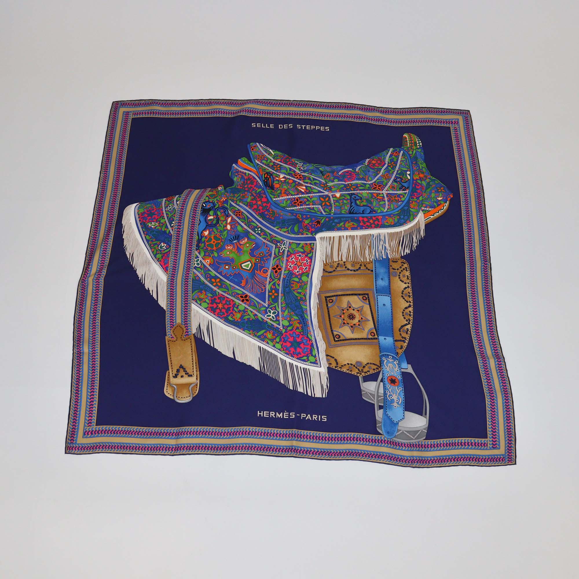 Hermes Navy Blue/Multicolor Silk Selle des Steppes Scarf 90