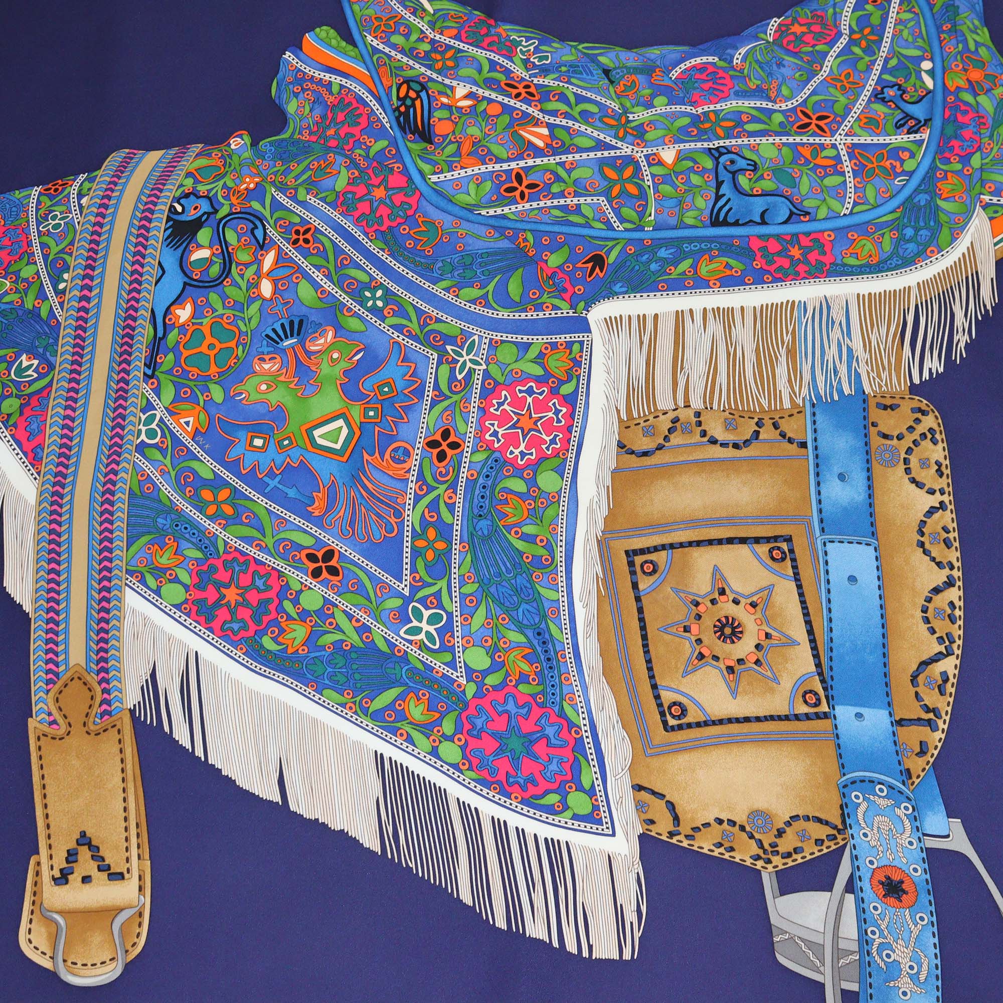Hermes Navy Blue/Multicolor Silk Selle des Steppes Scarf 90