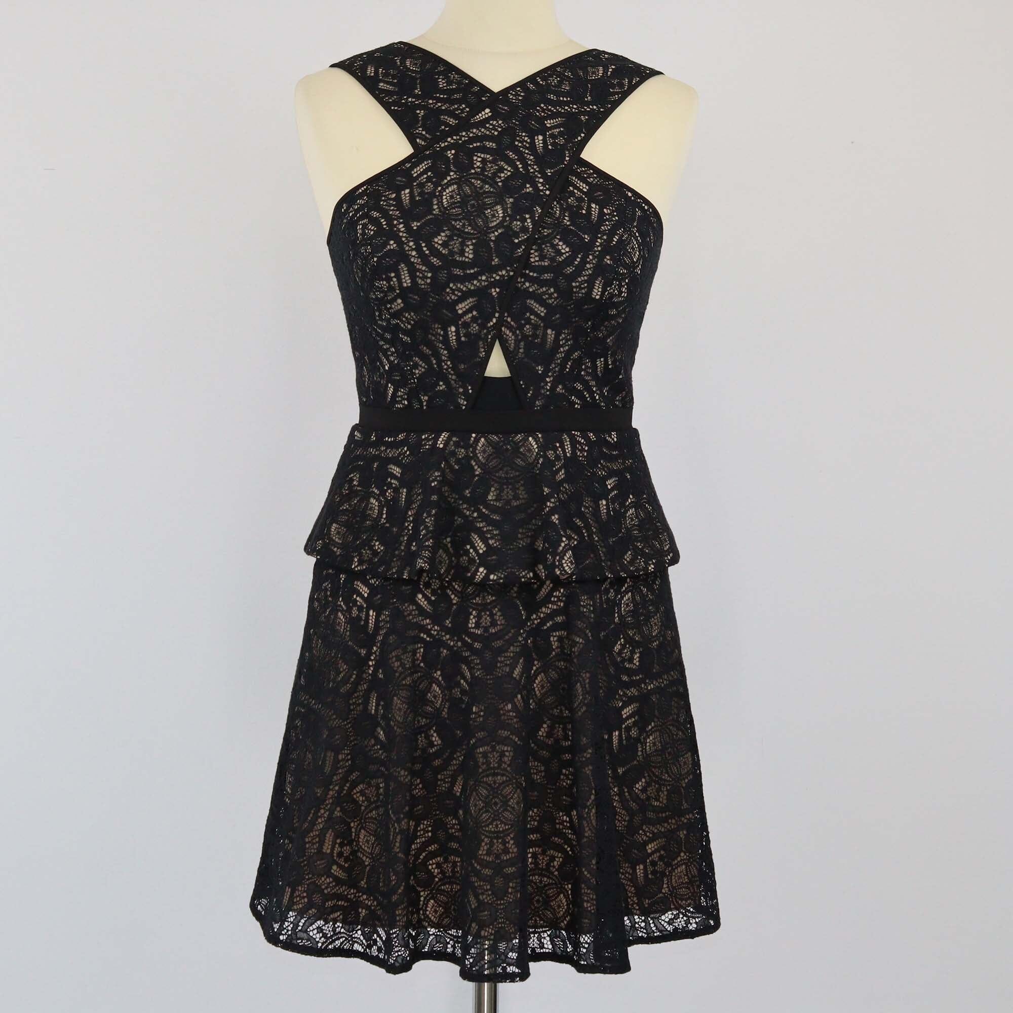 BCBG Max Azria Black Nude Lace Peplum Dress