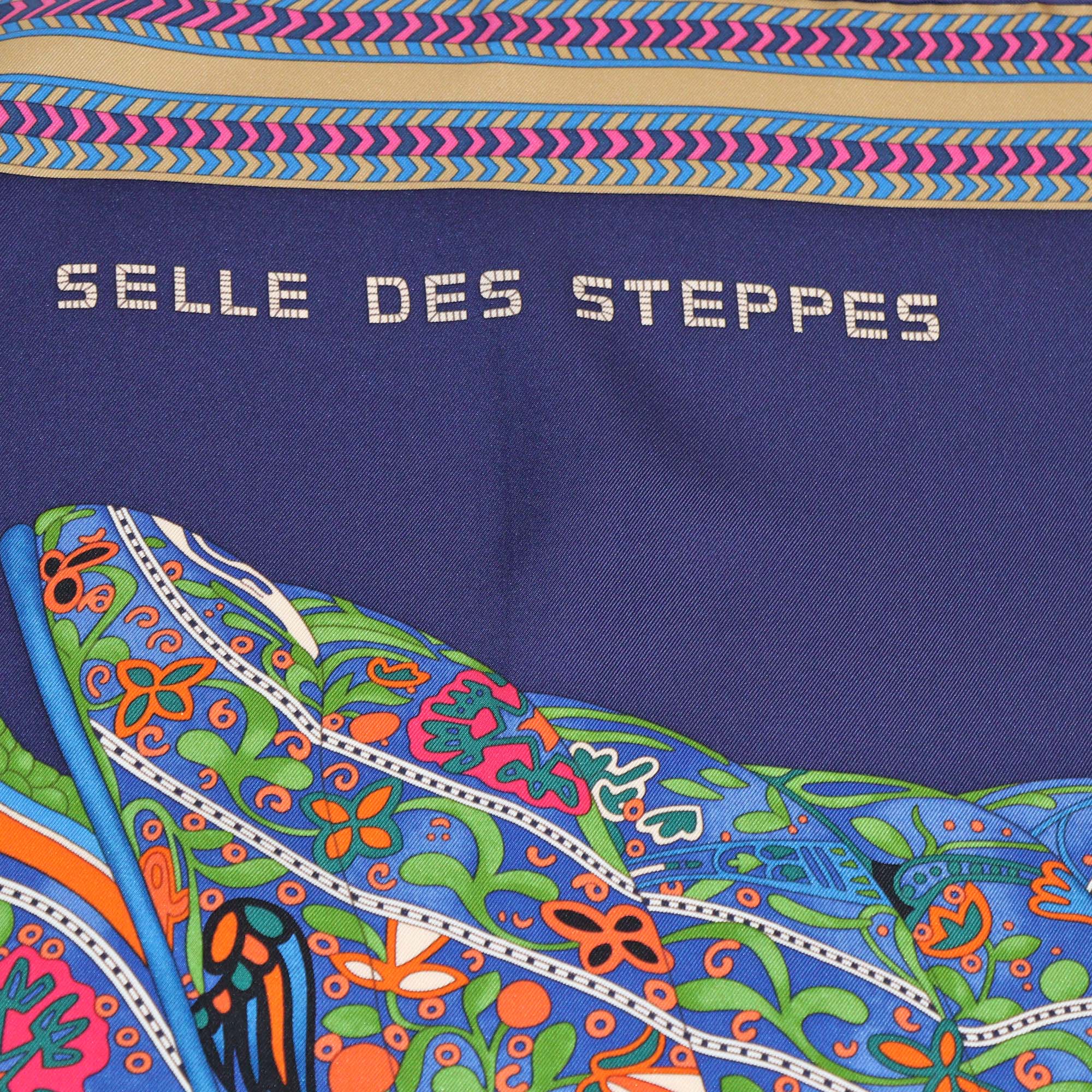 Hermes Navy Blue/Multicolor Silk Selle des Steppes Scarf 90