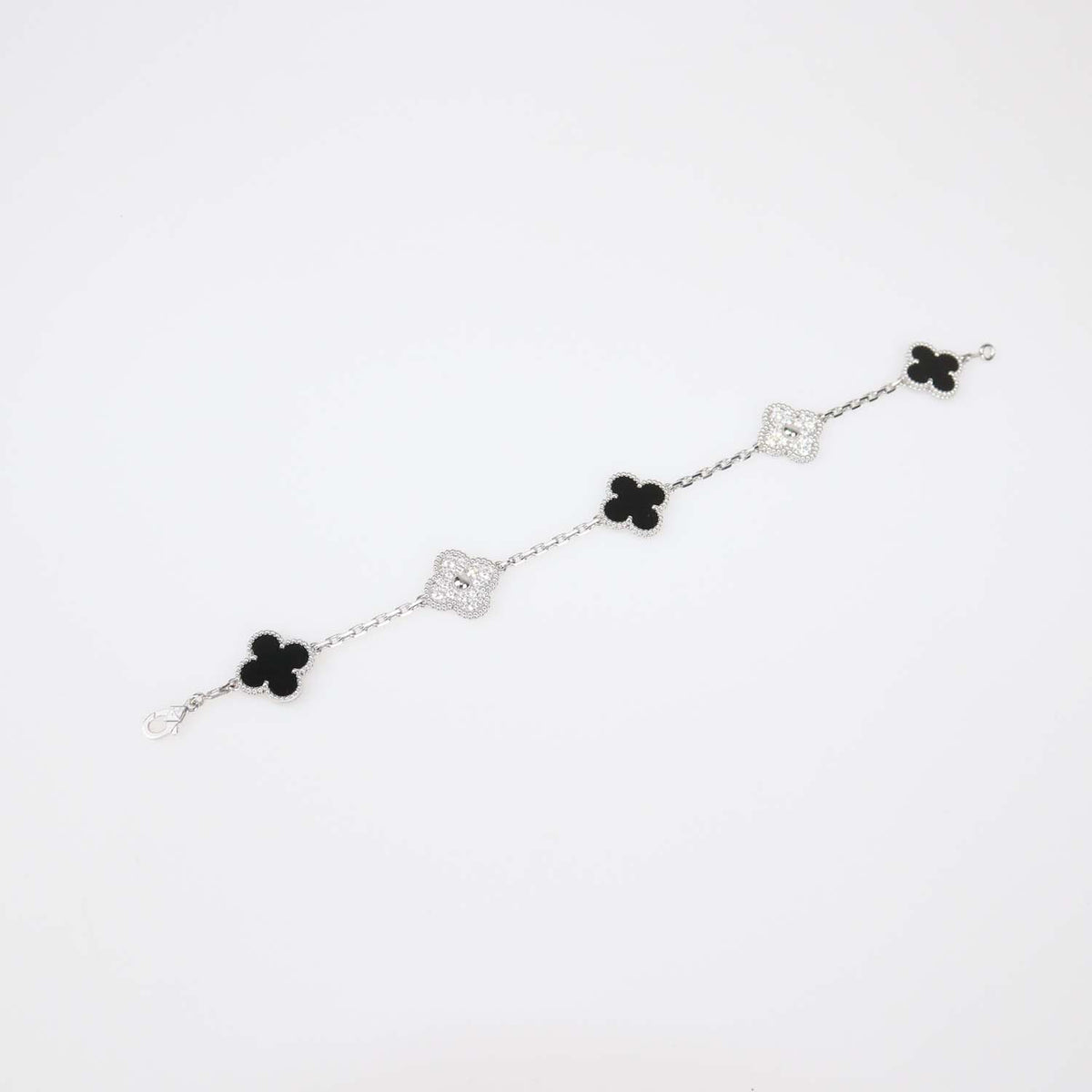 Van Cleef & Arpels 18K White Gold Onyx Diamond 5 Motifs Vintage Alhambra Bracelet
