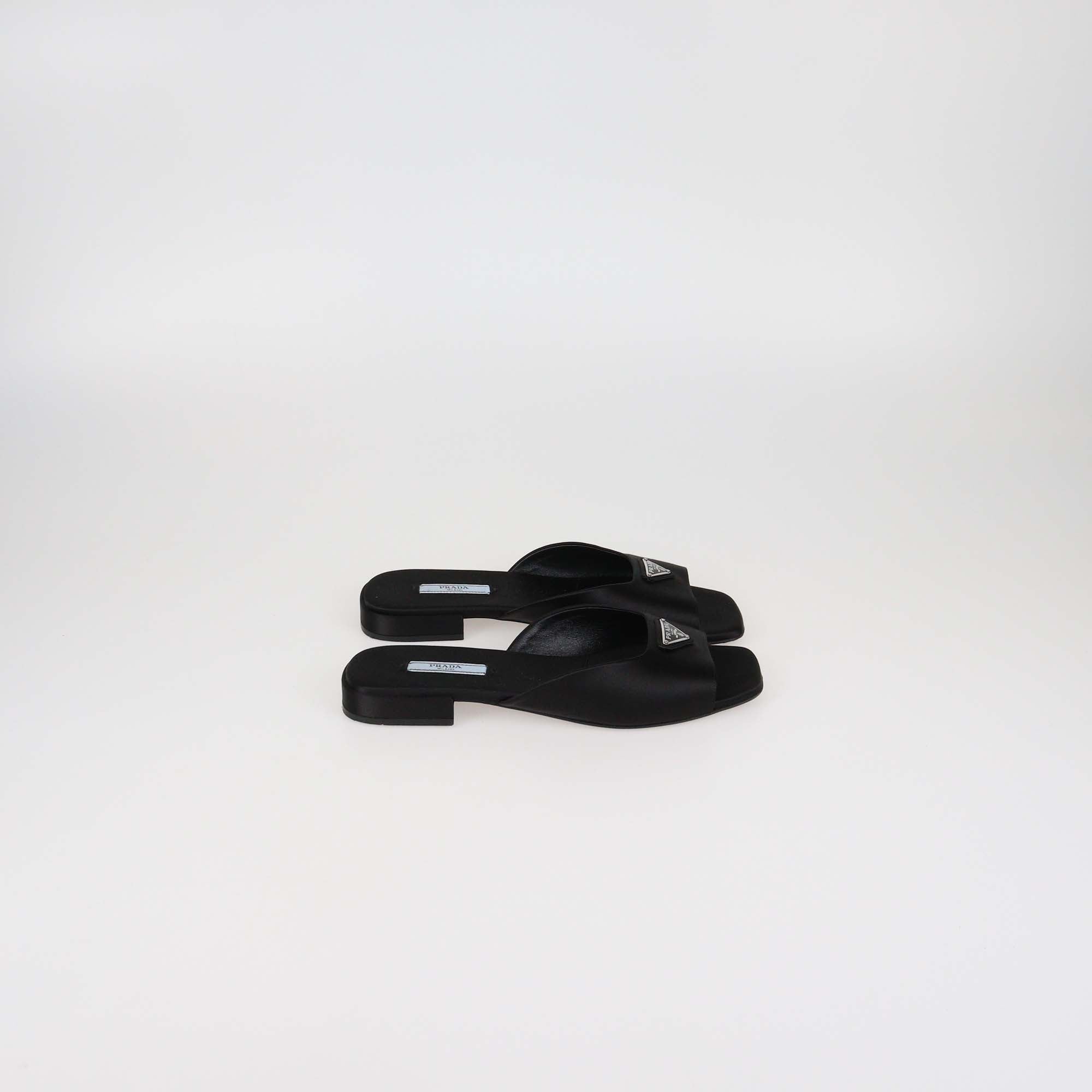 Prada Black Logo Detail Satin Square Toe Slide Flat Sandal