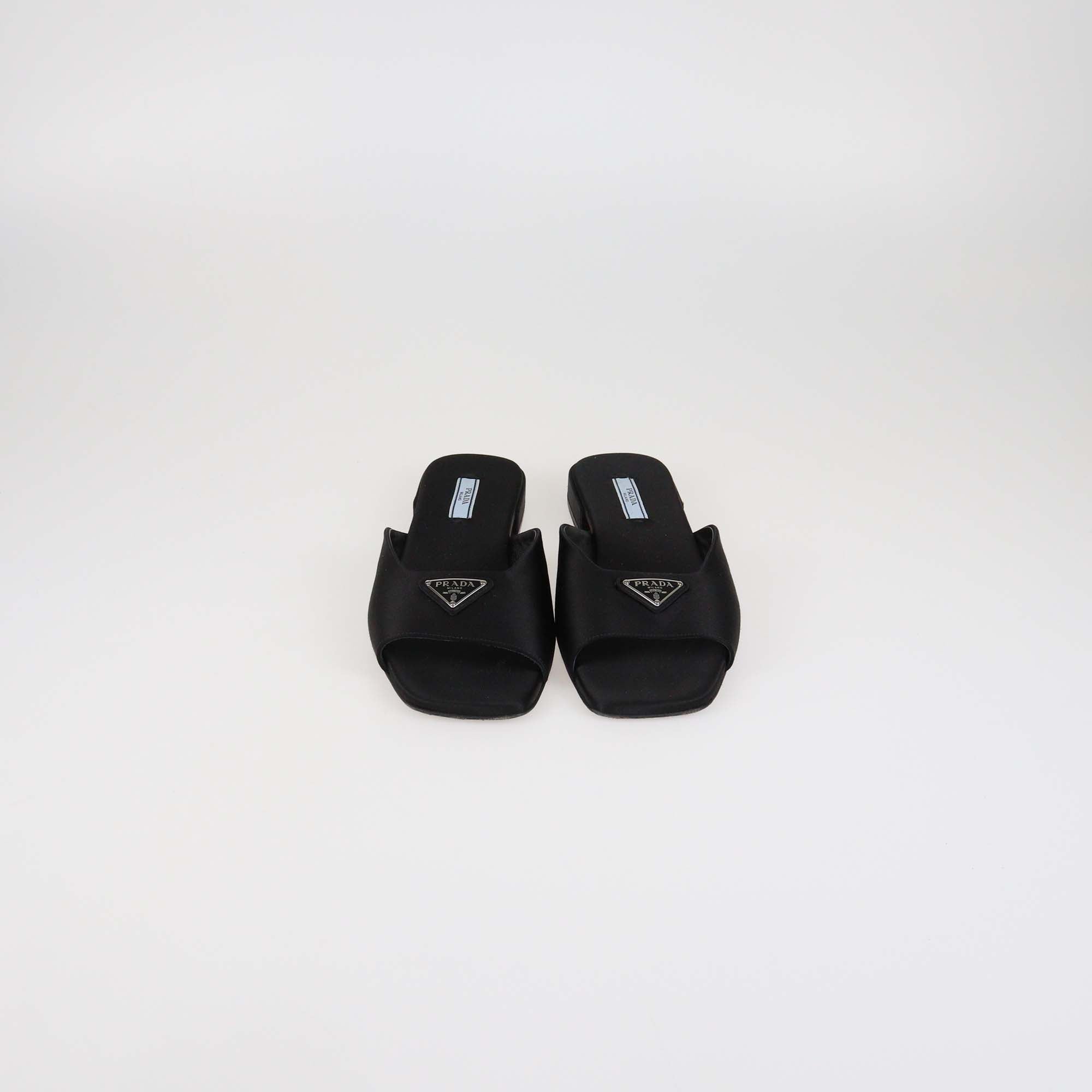 Prada Black Logo Detail Satin Square Toe Slide Flat Sandal