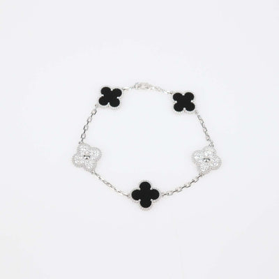 Van Cleef & Arpels 18K White Gold Onyx Diamond 5 Motifs Vintage Alhambra Bracelet