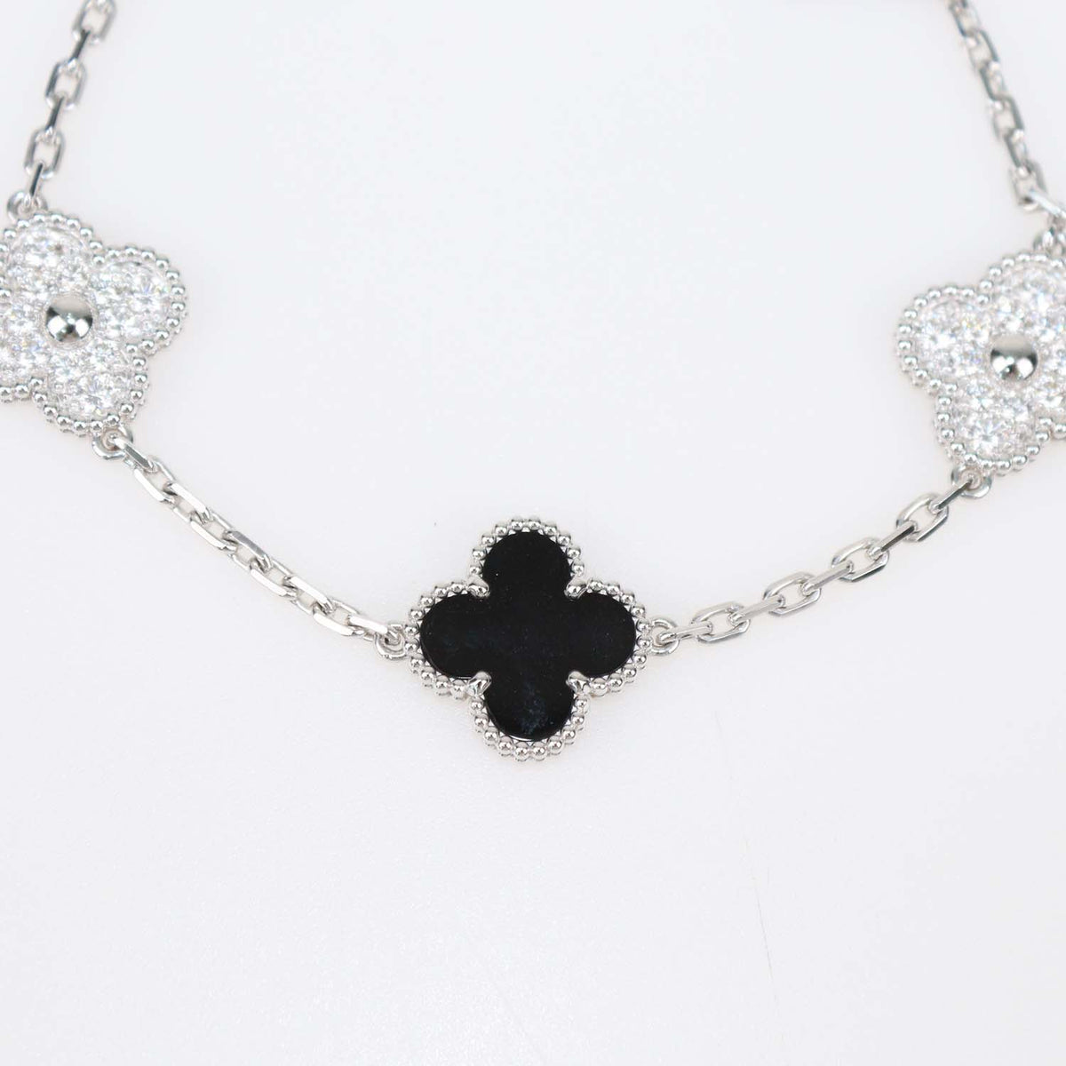 Van Cleef & Arpels 18K White Gold Onyx Diamond 5 Motifs Vintage Alhambra Bracelet