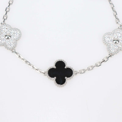 Van Cleef & Arpels 18K White Gold Onyx Diamond 5 Motifs Vintage Alhambra Bracelet