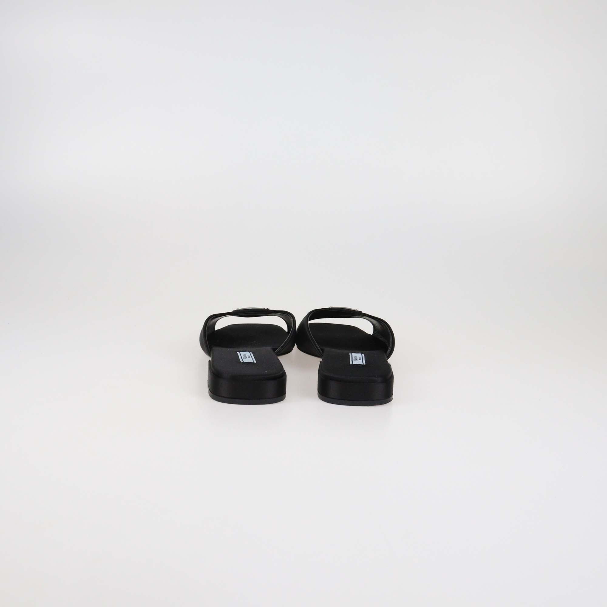 Prada Black Logo Detail Satin Square Toe Slide Flat Sandal