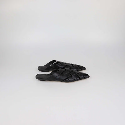 Bottega Veneta Black Woven Leather Alfie Flat Mules