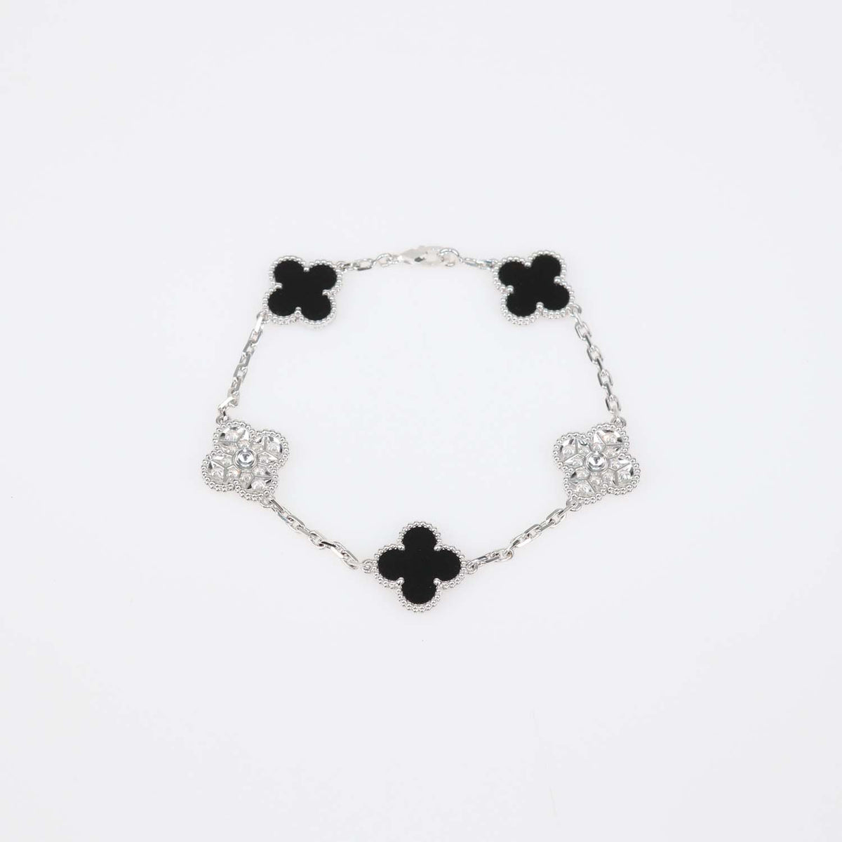Van Cleef & Arpels 18K White Gold Onyx Diamond 5 Motifs Vintage Alhambra Bracelet