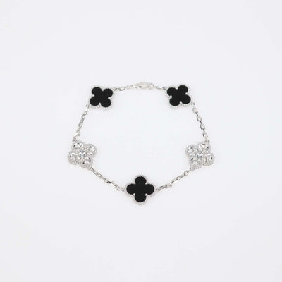 Van Cleef & Arpels 18K White Gold Onyx Diamond 5 Motifs Vintage Alhambra Bracelet