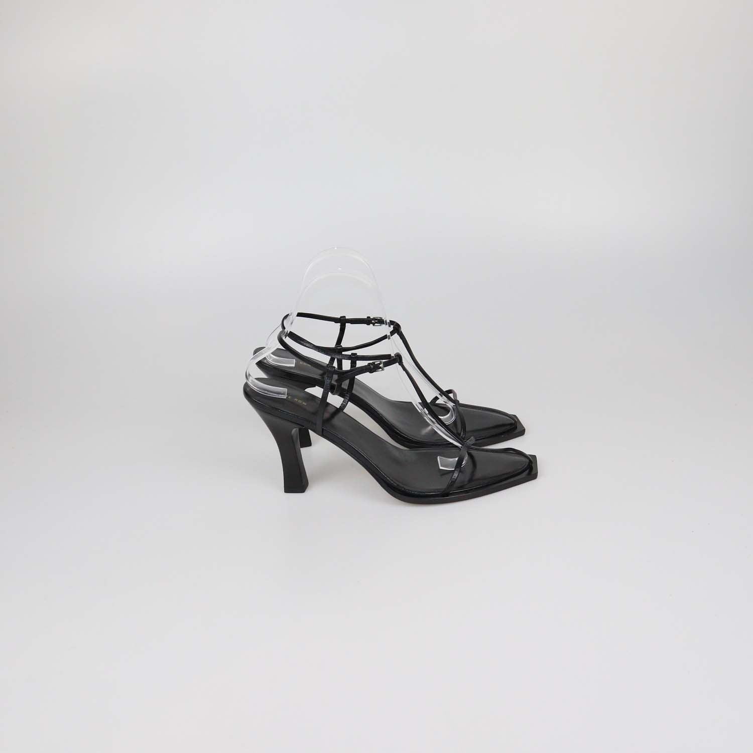 The Row Black Leather T-Bar Heel Sandals