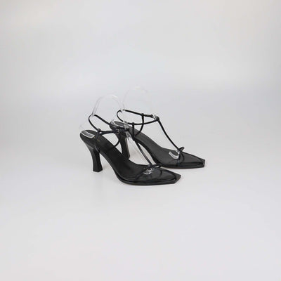 The Row Black Leather T-Bar Heel Sandals