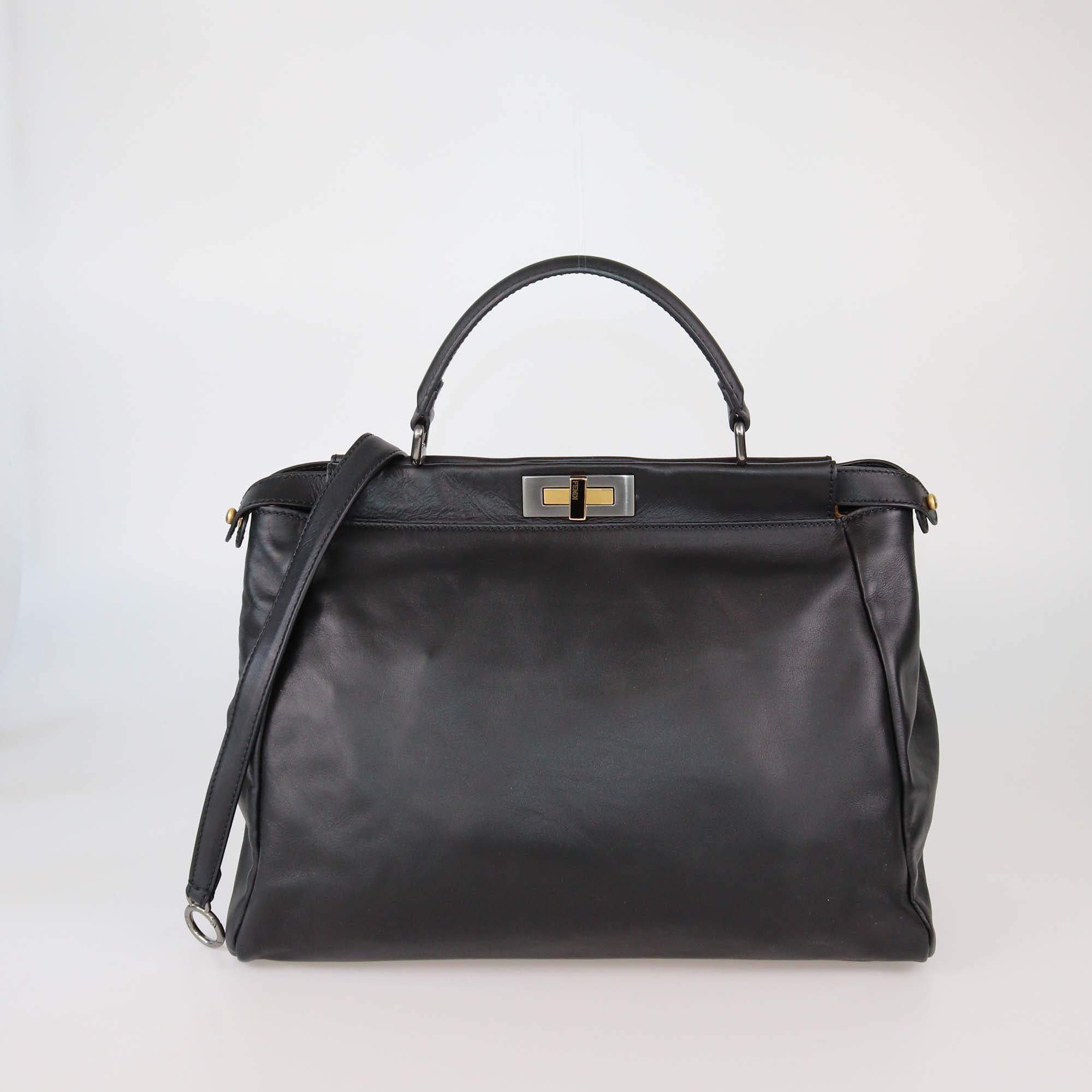 Fendi Black Leather Large Peekaboo Top Handle Bag