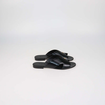 Loro Piana Black Glazed Leather Vera Flat Sandals