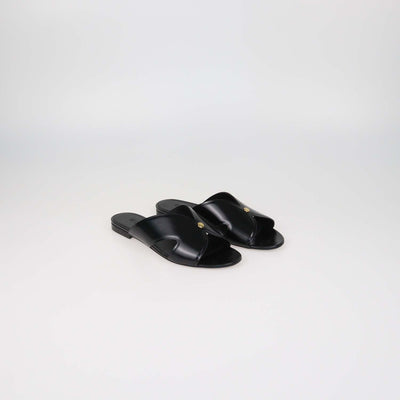 Loro Piana Black Glazed Leather Vera Flat Sandals