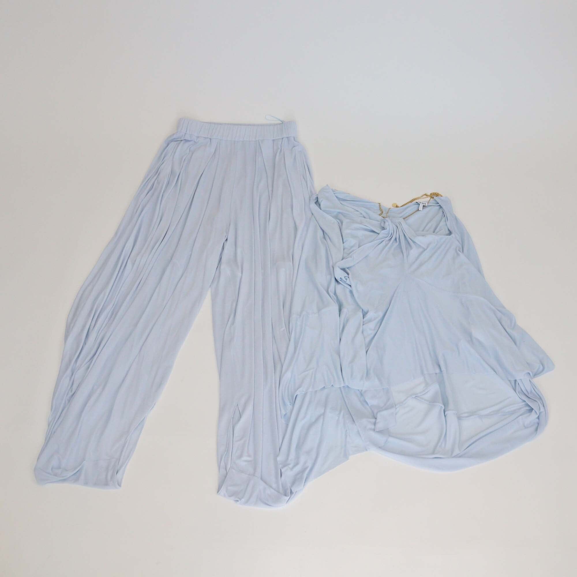 Loewe Light Blue Chain Neck Embellished Crepe Asymmetric Draped Top & Ballon Draped Trouser Womens Loewe 