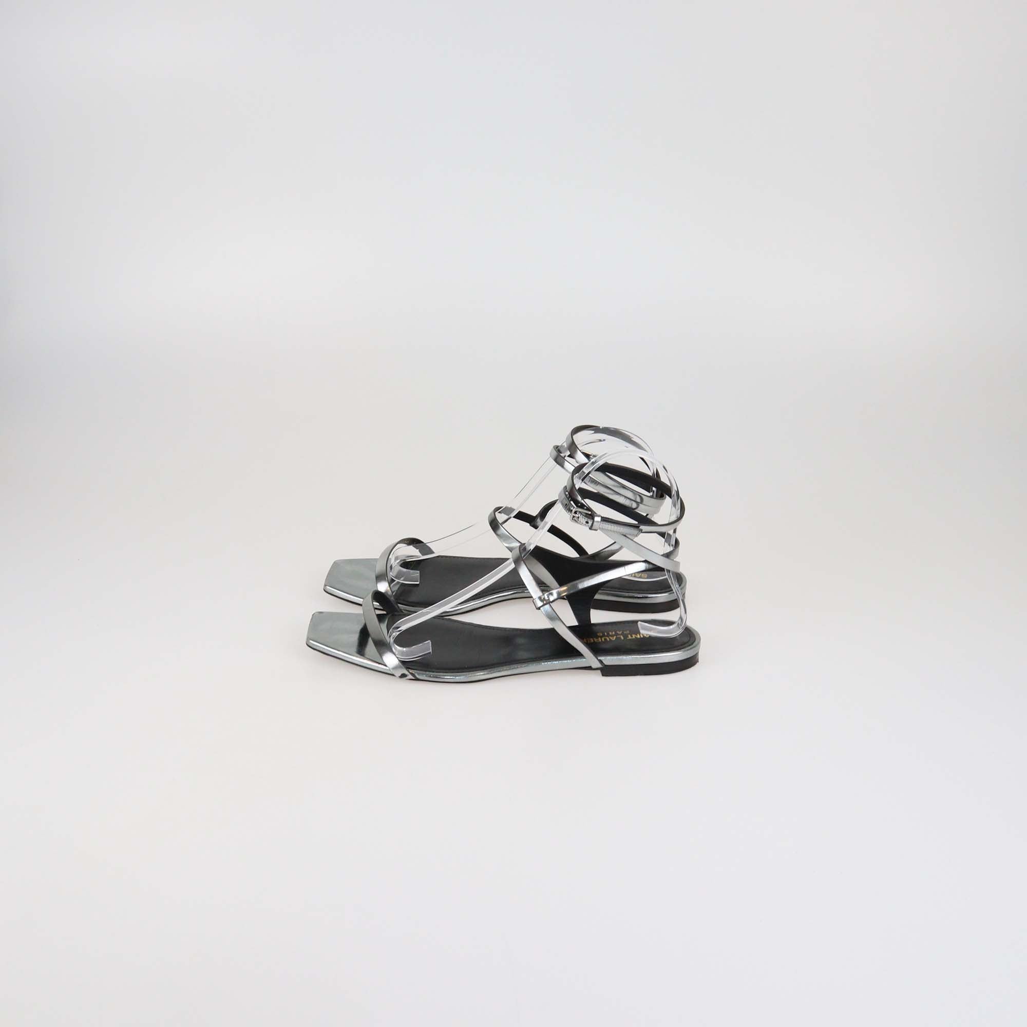 Saint Laurent Metallic Leather Strappy Ankle Wrap Flat Sandals