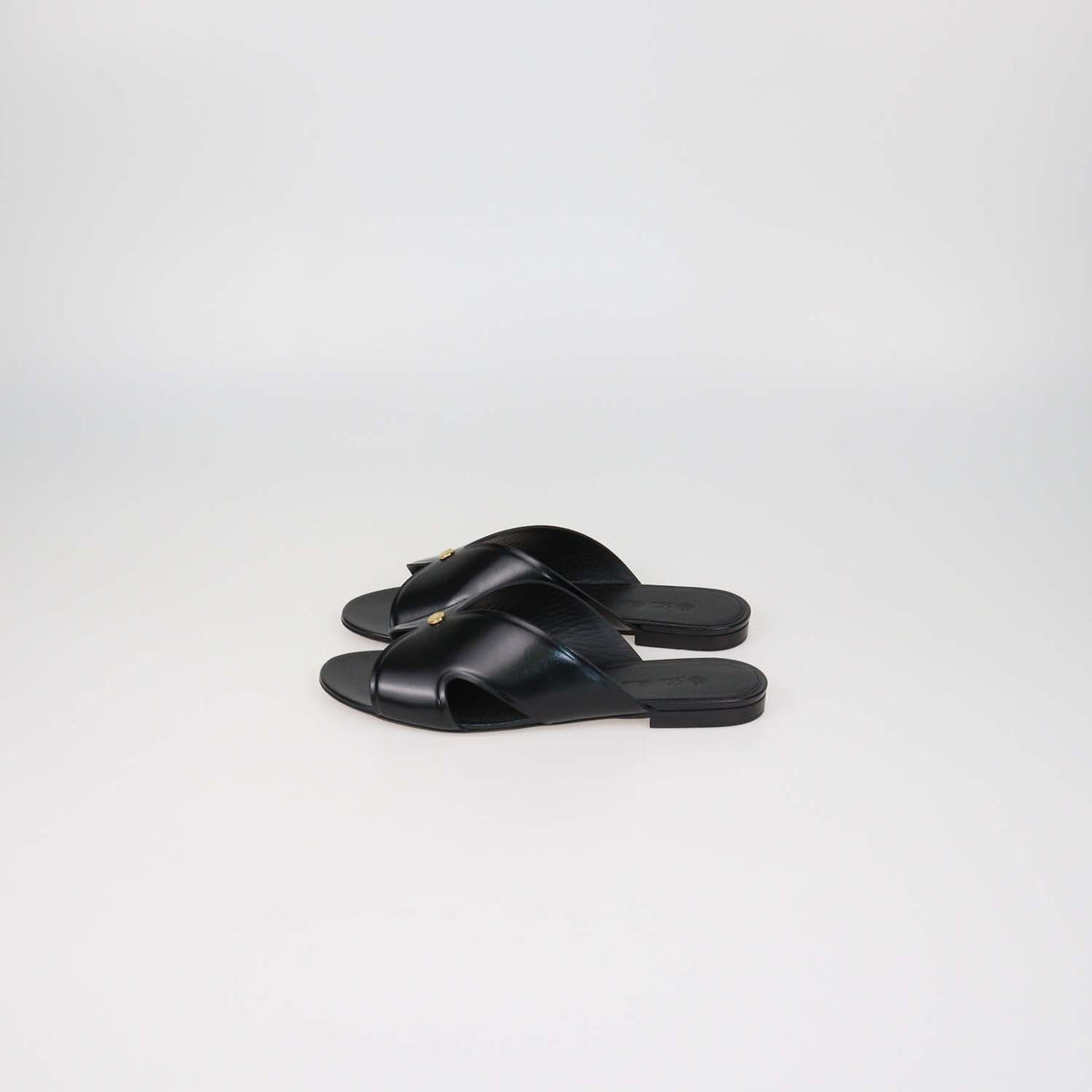 Loro Piana Black Glazed Leather Vera Flat Sandals