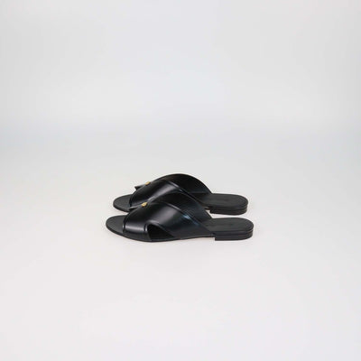 Loro Piana Black Glazed Leather Vera Flat Sandals