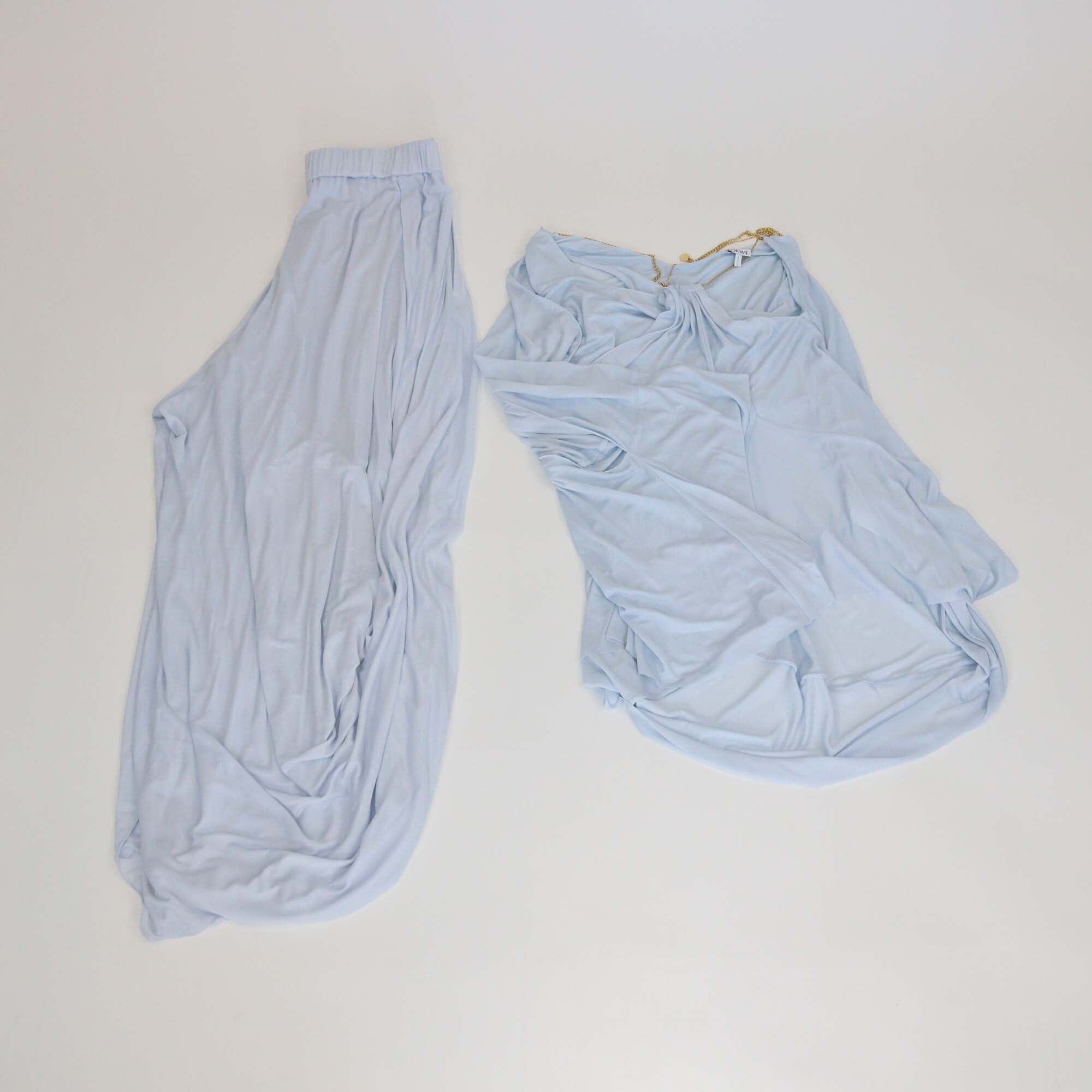 Loewe Light Blue Chain Neck Embellished Crepe Asymmetric Draped Top & Ballon Draped Trouser Womens Loewe 