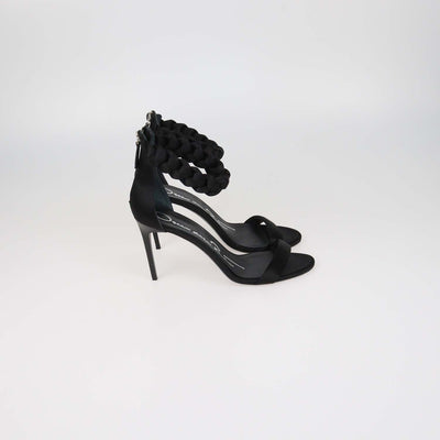 Oscar Dela Renta Black Satin Braided Ankle Strap Sandals