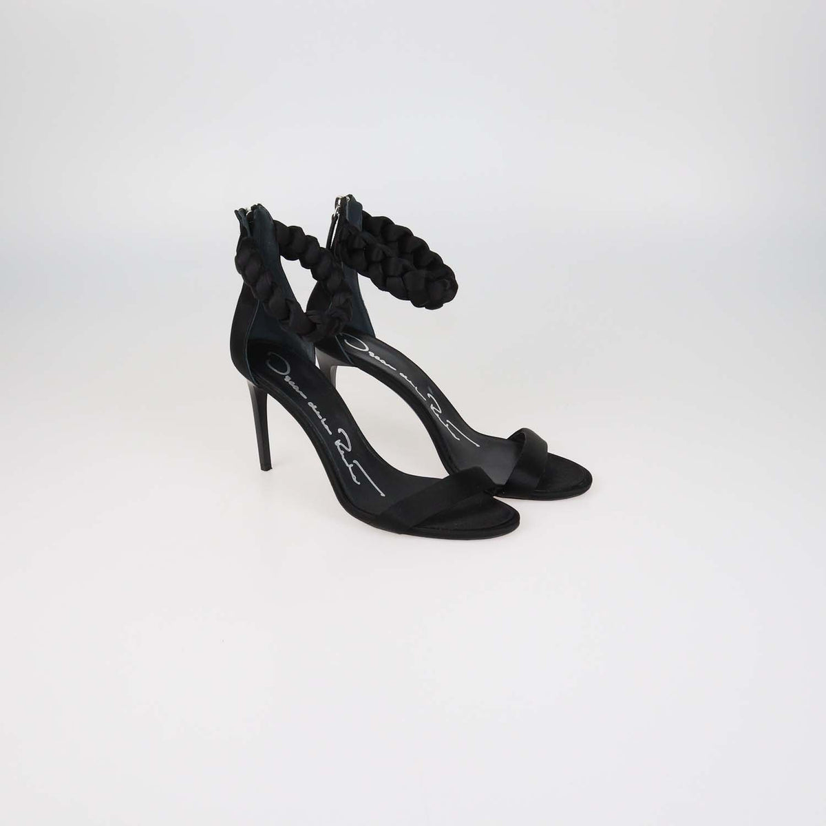 Oscar Dela Renta Black Satin Braided Ankle Strap Sandals
