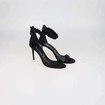 Oscar Dela Renta Black Satin Braided Ankle Strap Sandals