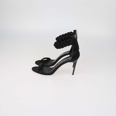 Oscar Dela Renta Black Satin Braided Ankle Strap Sandals