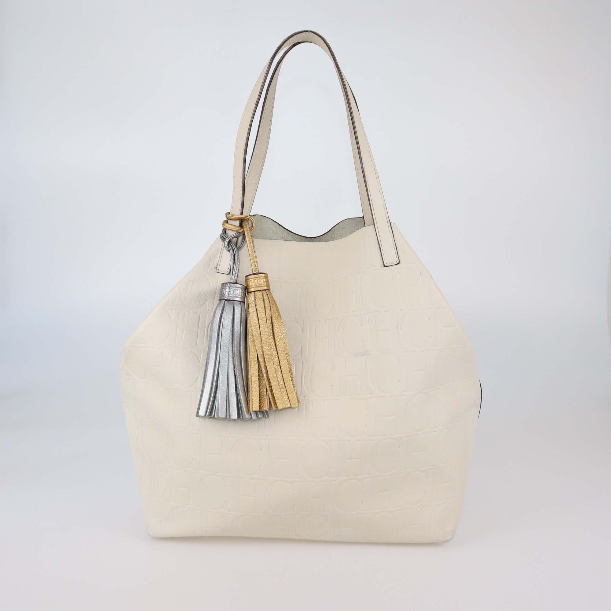 CH Carolina Herrera White Leather Monogram Matryoshka Shopper Tote Bag