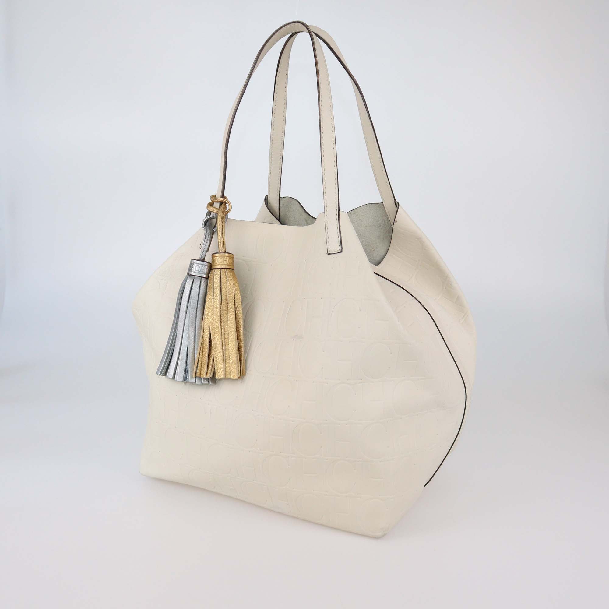 CH Carolina Herrera White Leather Monogram Matryoshka Shopper Tote Bag