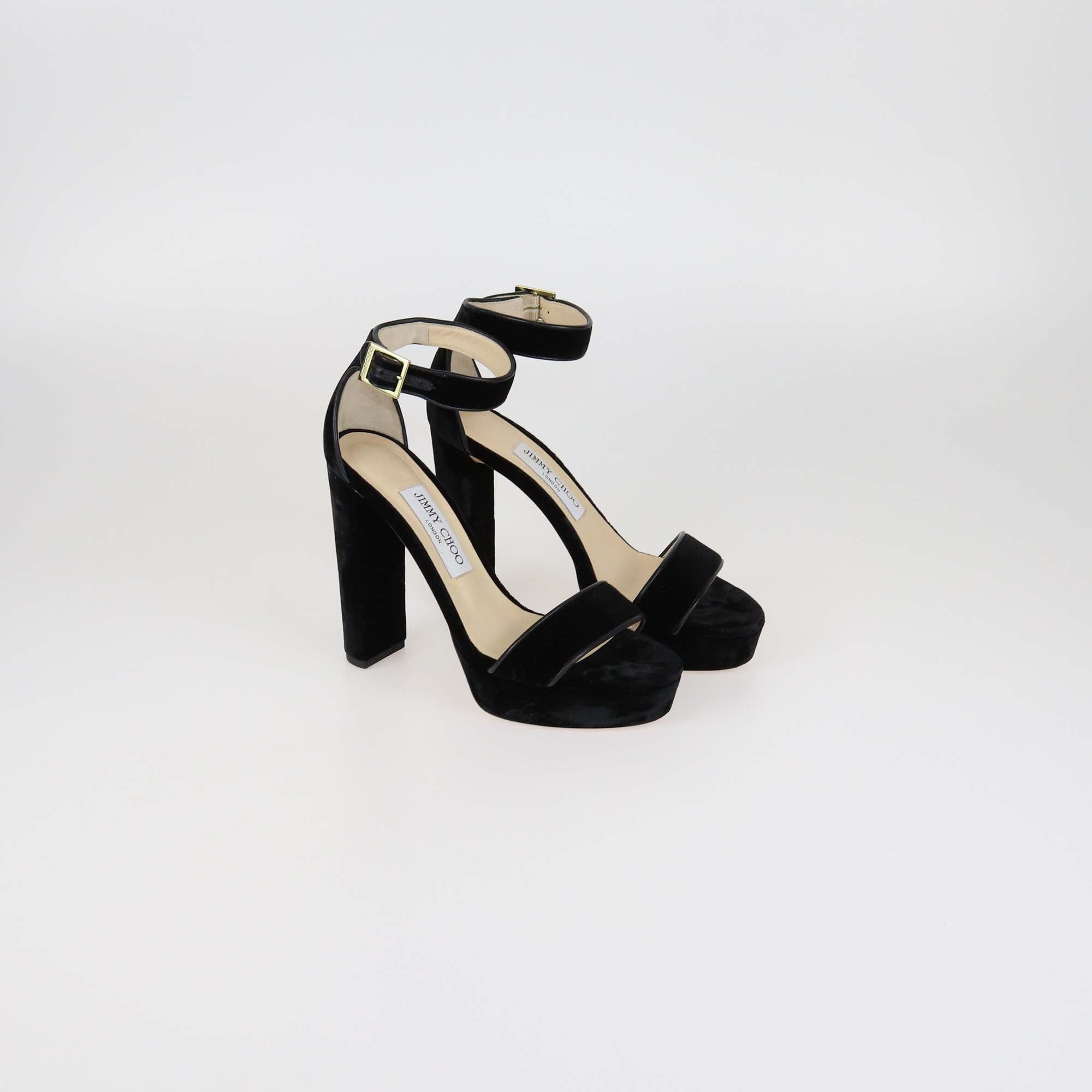 Jimmy Choo Black Velvet & Leather Open Toe Platform Ankle Strap Sandals