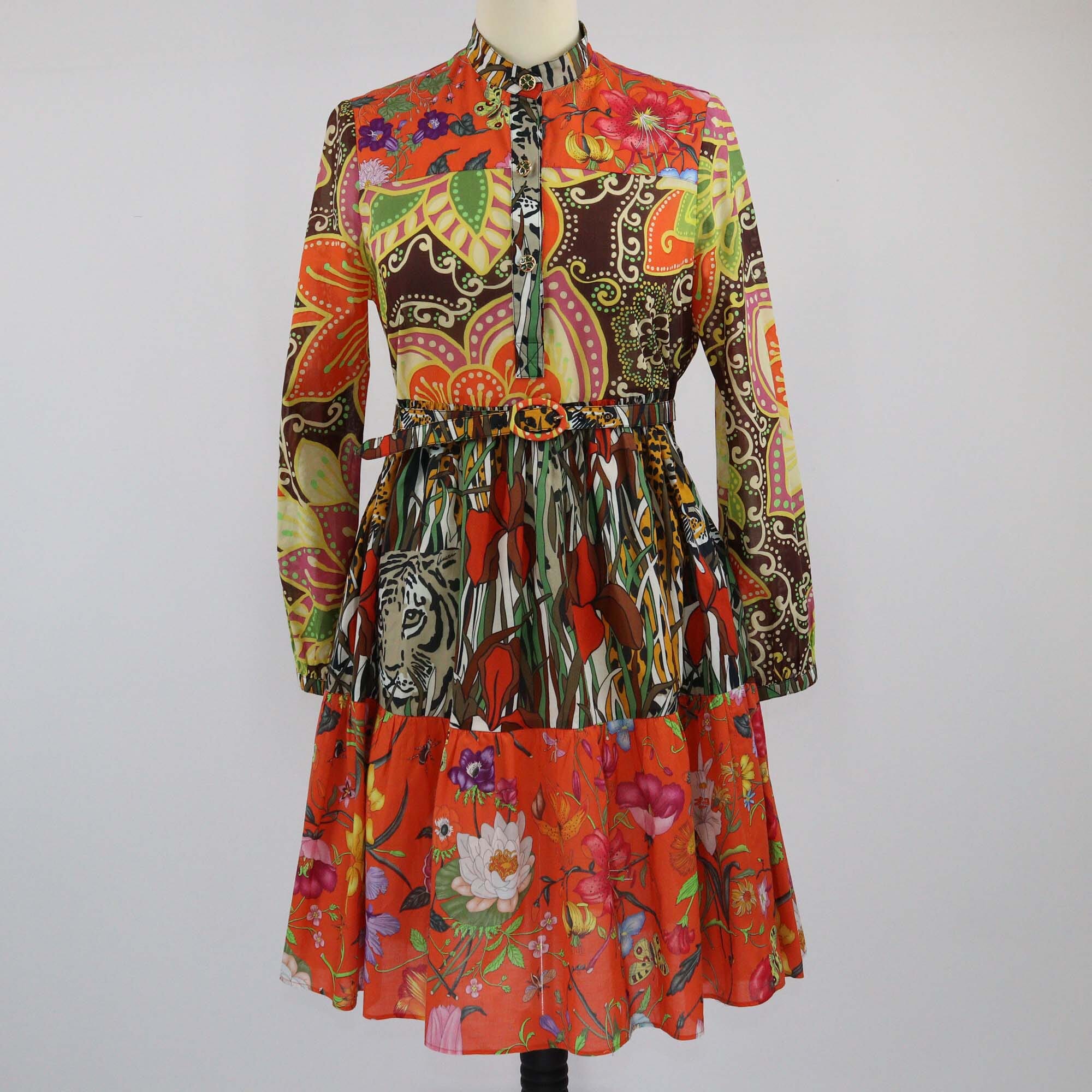 Gucci Multicolor Printed Belted Tiered Midi Dress Womens Gucci 