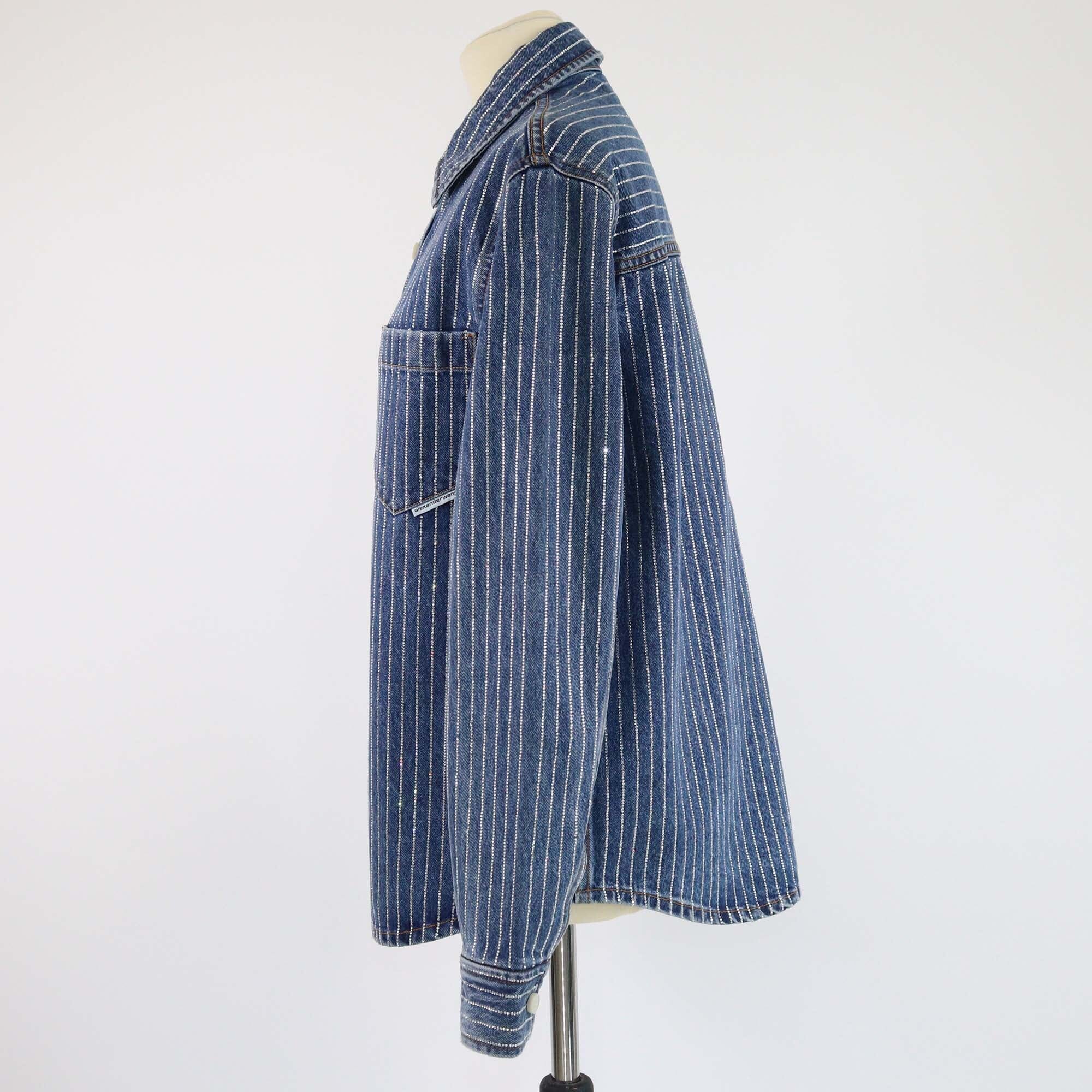 Alexander Wang Blue Crystal Stripe Embellished Oversized Denim Jacket Womens Alexander Wang 