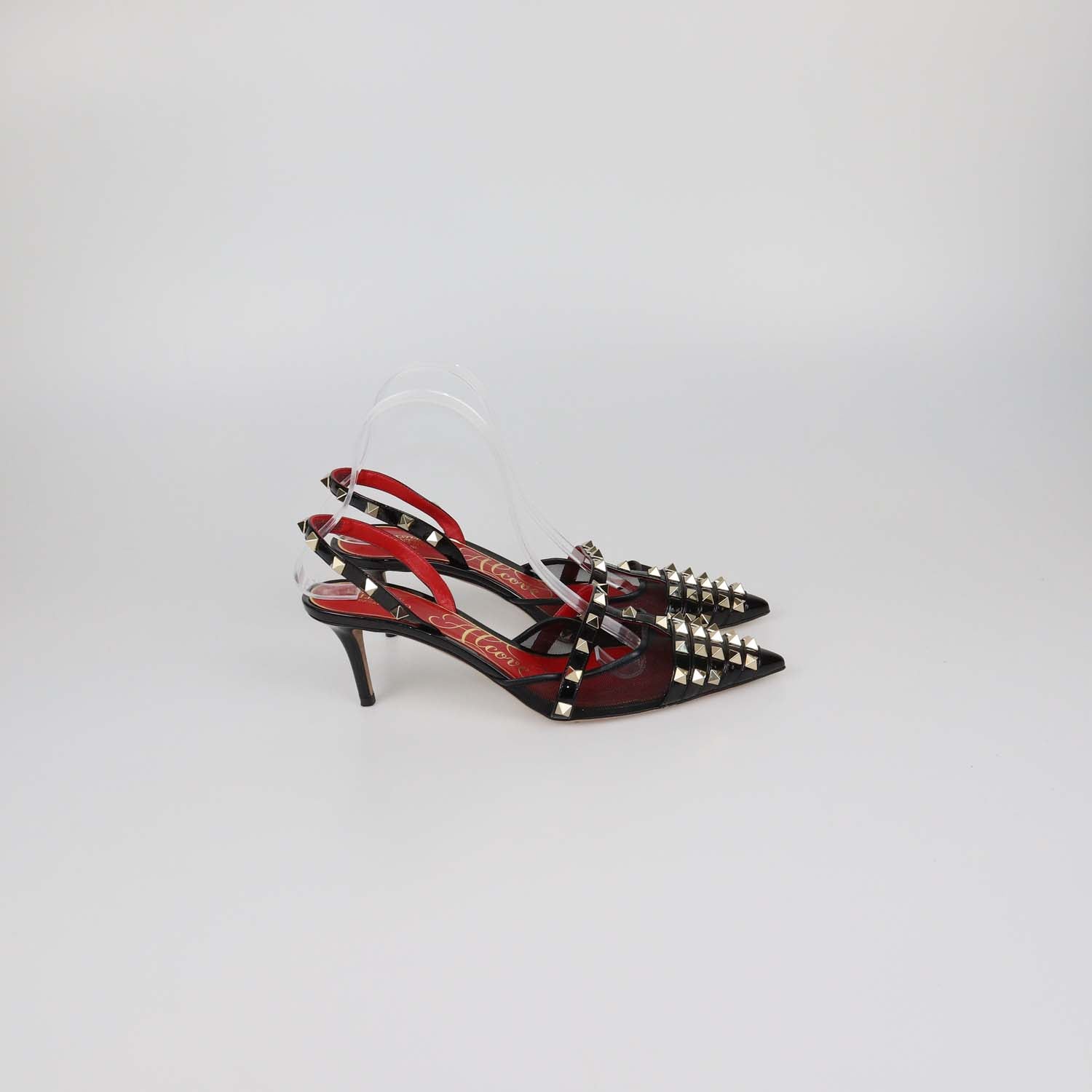 Valentino Black Mesh and Patent Leather Alcove Rockstud Slingback Pumps