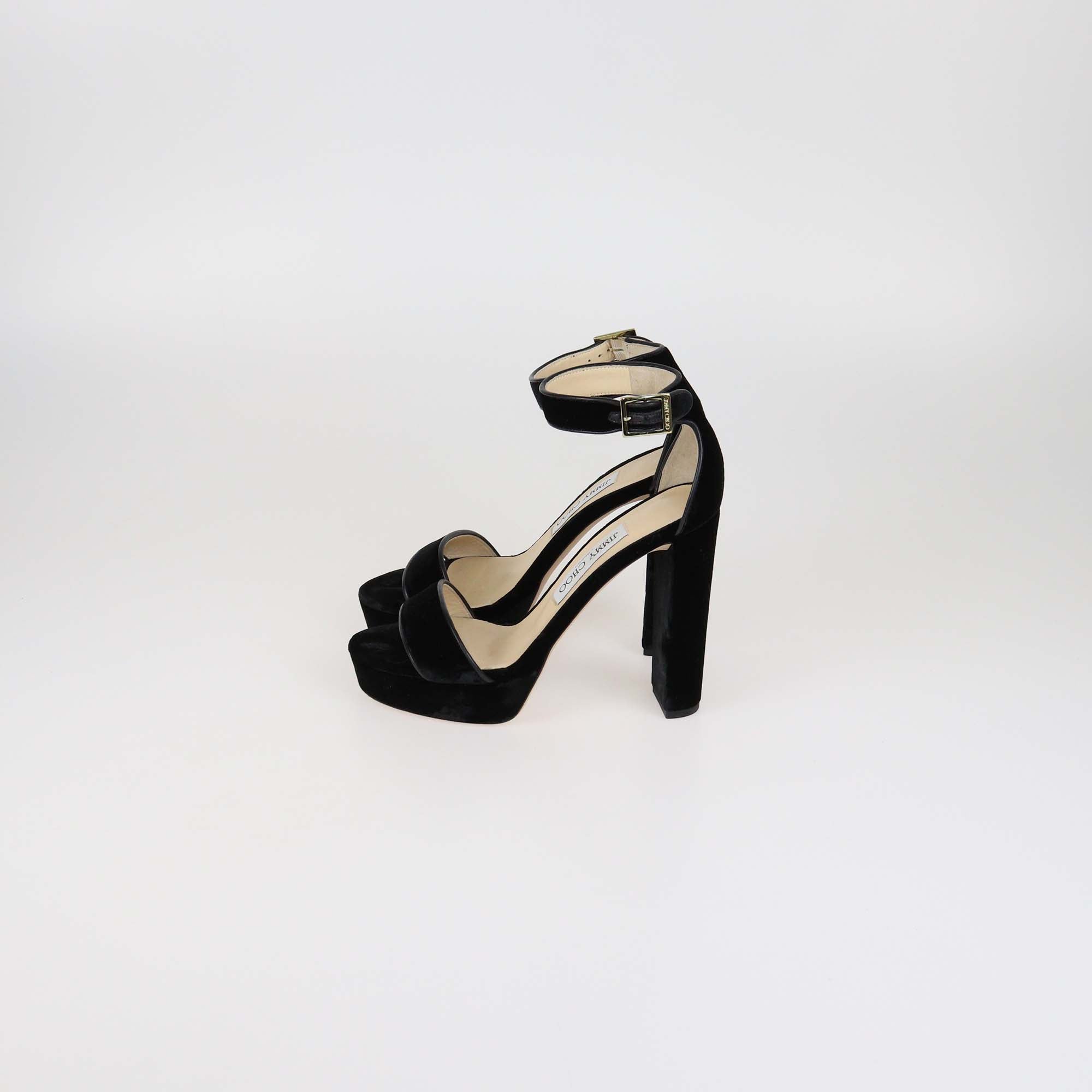 Jimmy Choo Black Velvet & Leather Open Toe Platform Ankle Strap Sandals