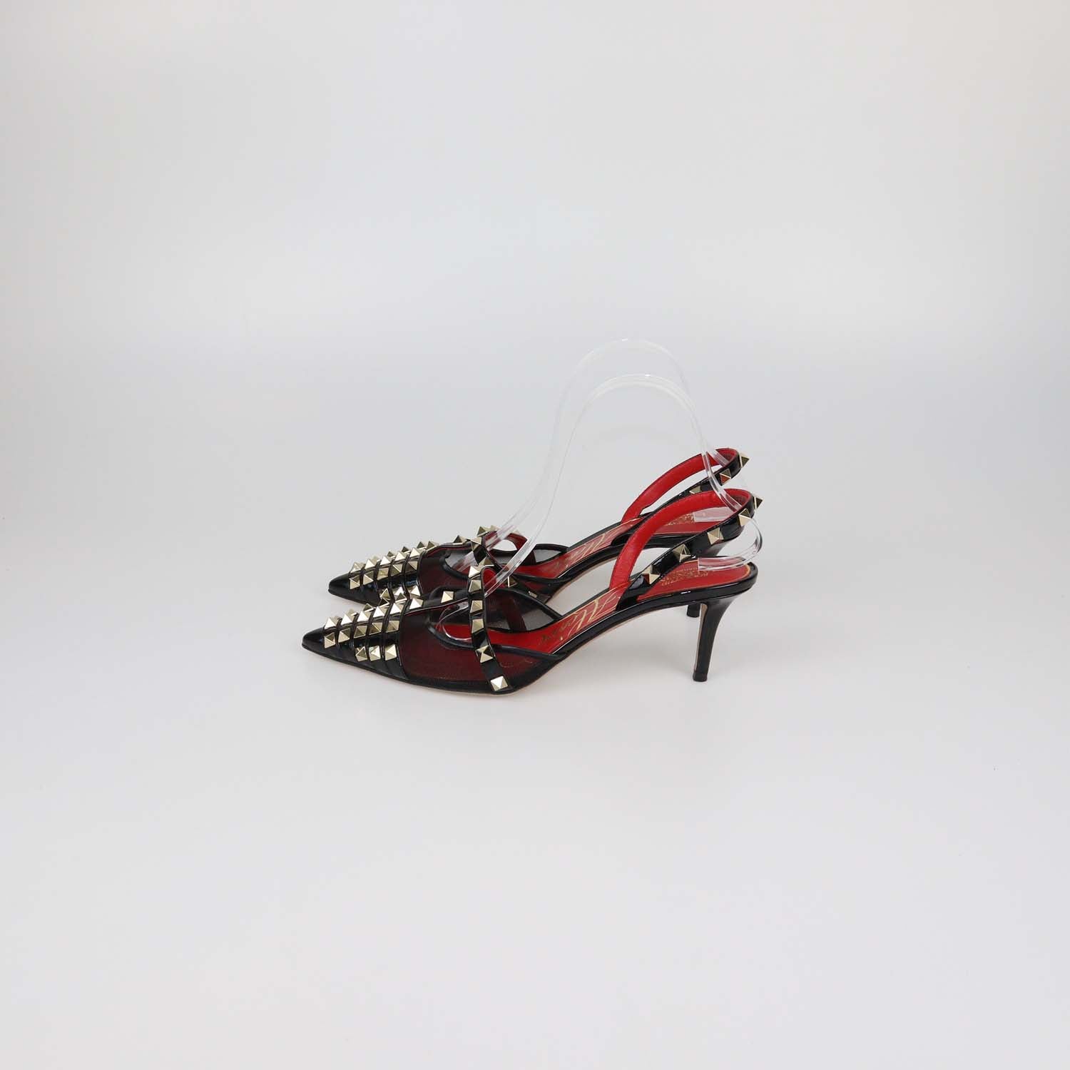 Valentino Black Mesh and Patent Leather Alcove Rockstud Slingback Pumps