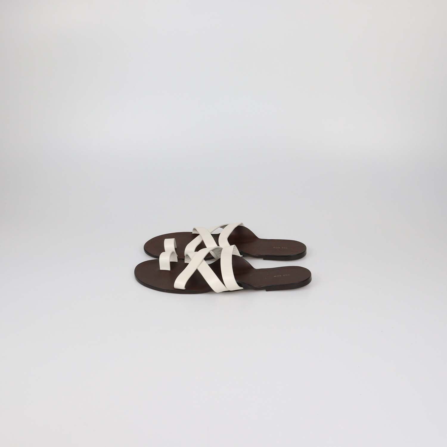 The Row White/Brown Leather Kris Flat Sandals