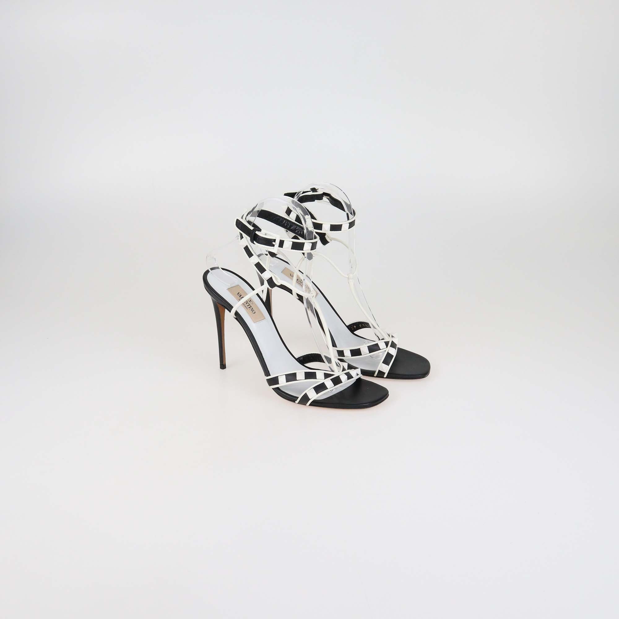 Valentino Black/White Leather Rockstud Strappy Sandals