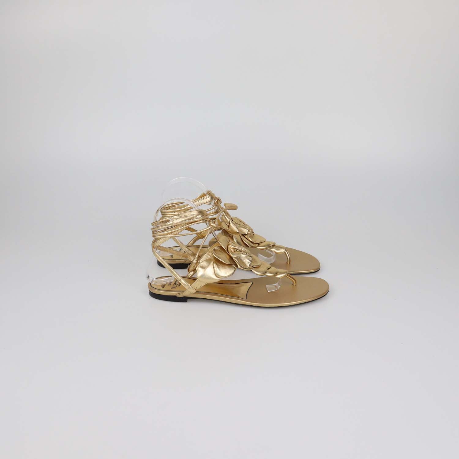 Valentino Gold Leather Atelier 03 Rose Edition Ankle Wrap Thong Flats