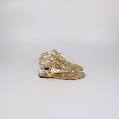 Valentino Gold Leather Atelier 03 Rose Edition Ankle Wrap Thong Flats