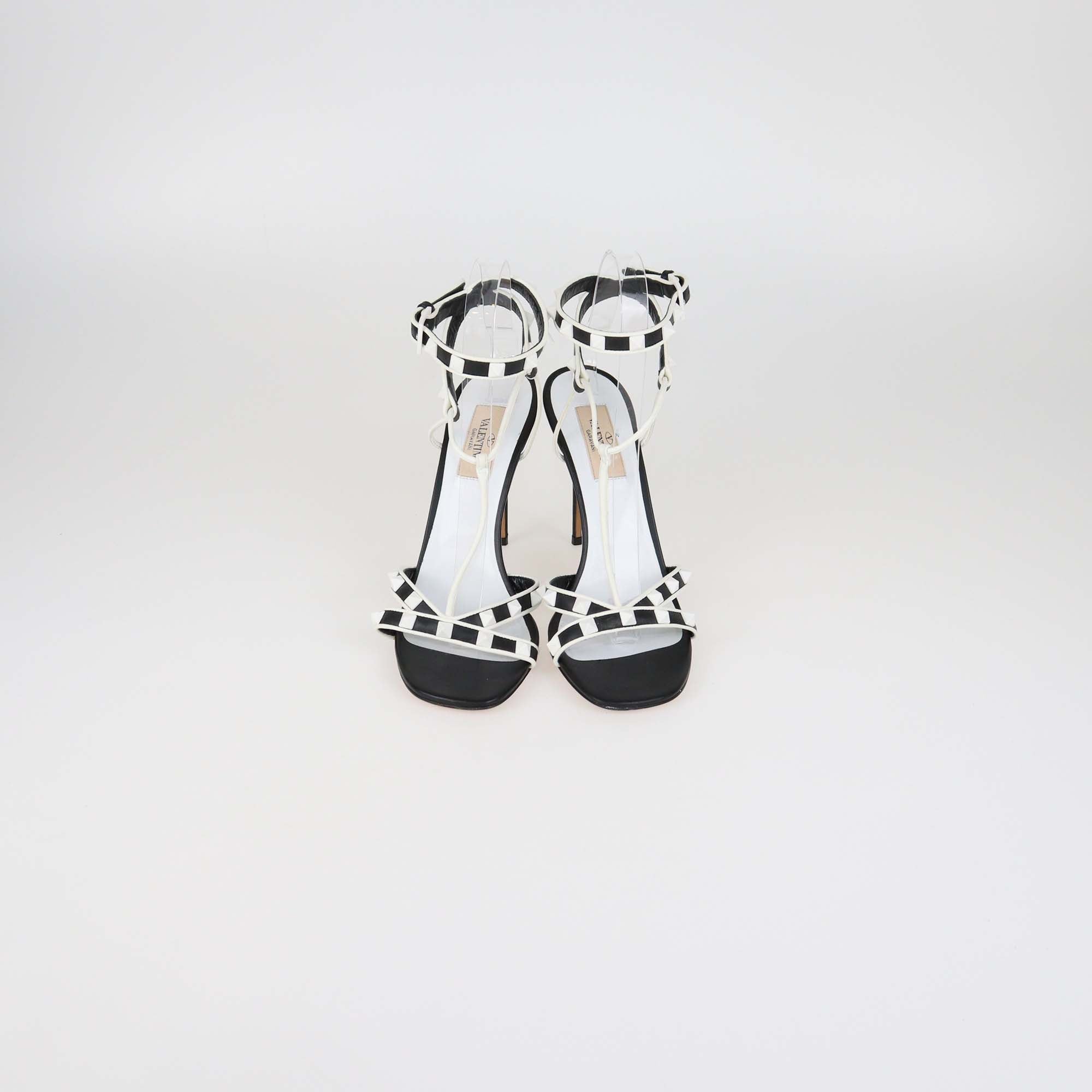 Valentino Black/White Leather Rockstud Strappy Sandals