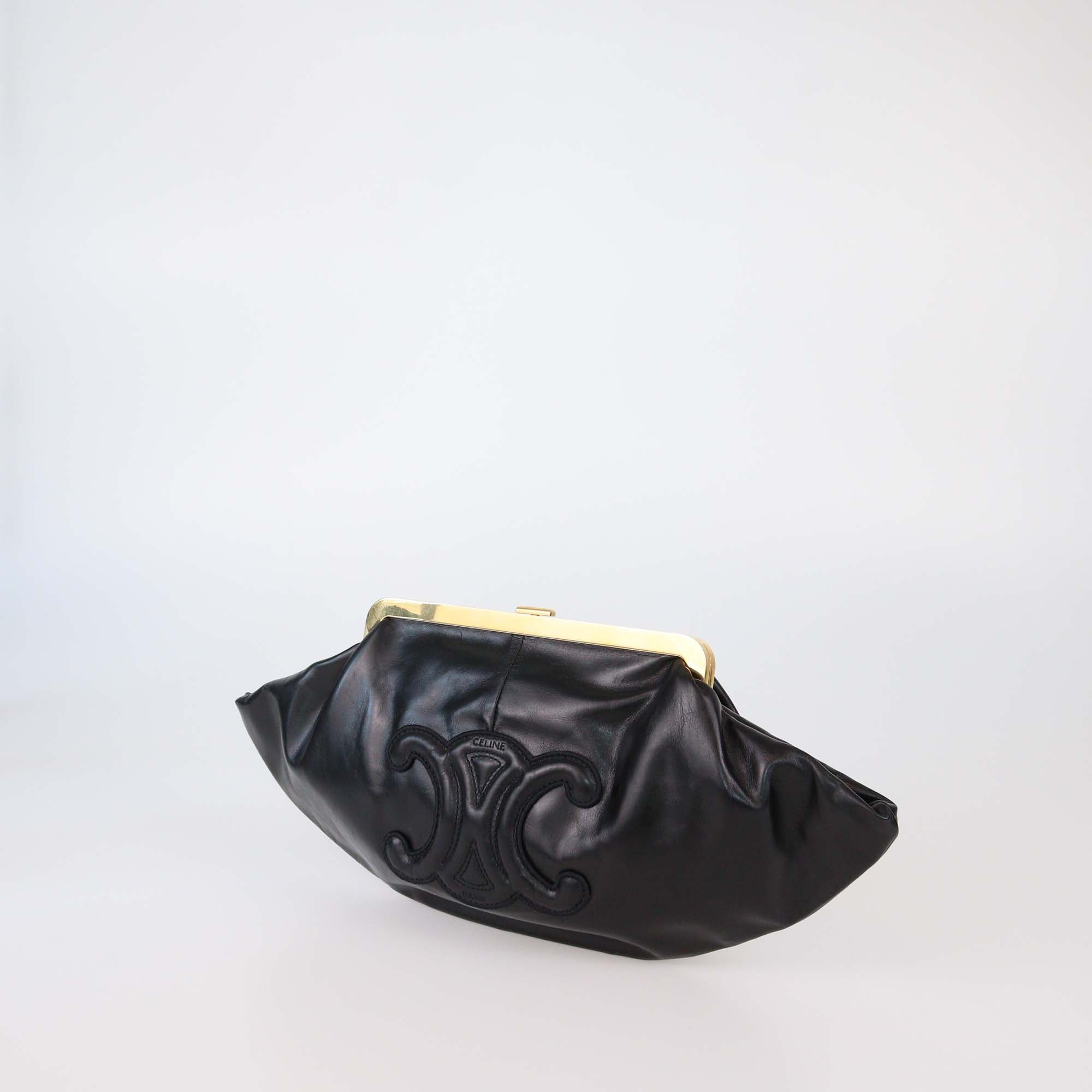 Celine Black Leather Triomphe Dome Clutch