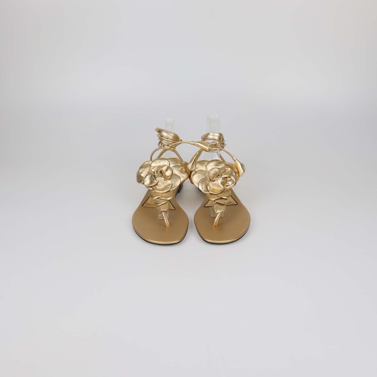 Valentino Gold Leather Atelier 03 Rose Edition Ankle Wrap Thong Flats