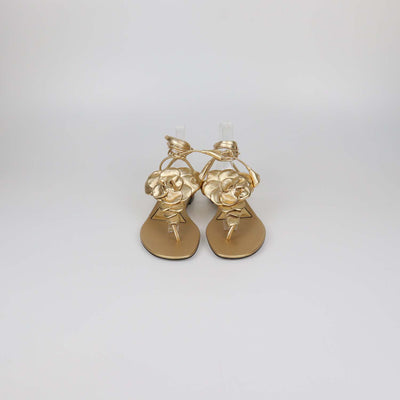 Valentino Gold Leather Atelier 03 Rose Edition Ankle Wrap Thong Flats