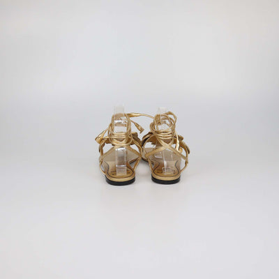 Valentino Gold Leather Atelier 03 Rose Edition Ankle Wrap Thong Flats