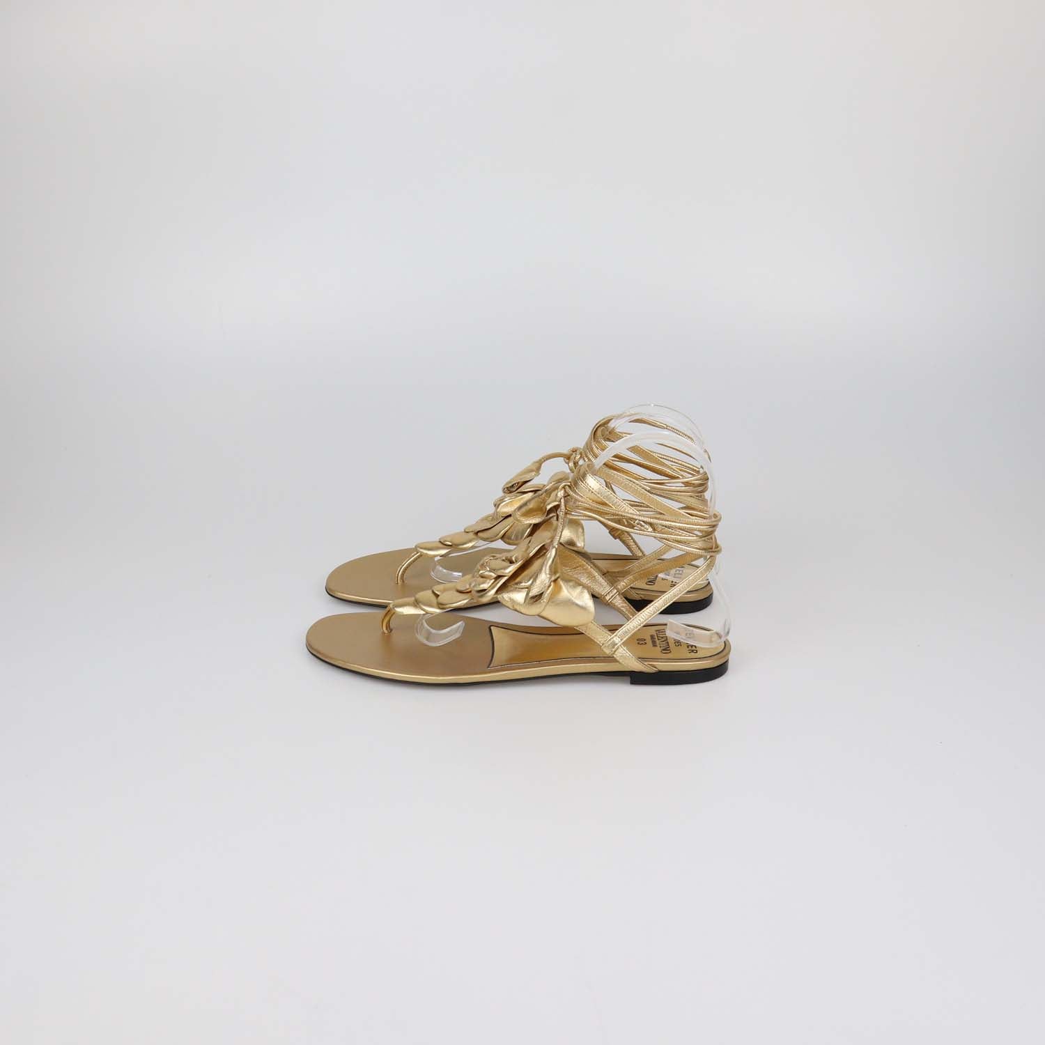 Valentino Gold Leather Atelier 03 Rose Edition Ankle Wrap Thong Flats
