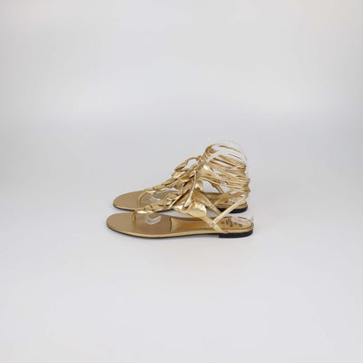 Valentino Gold Leather Atelier 03 Rose Edition Ankle Wrap Thong Flats
