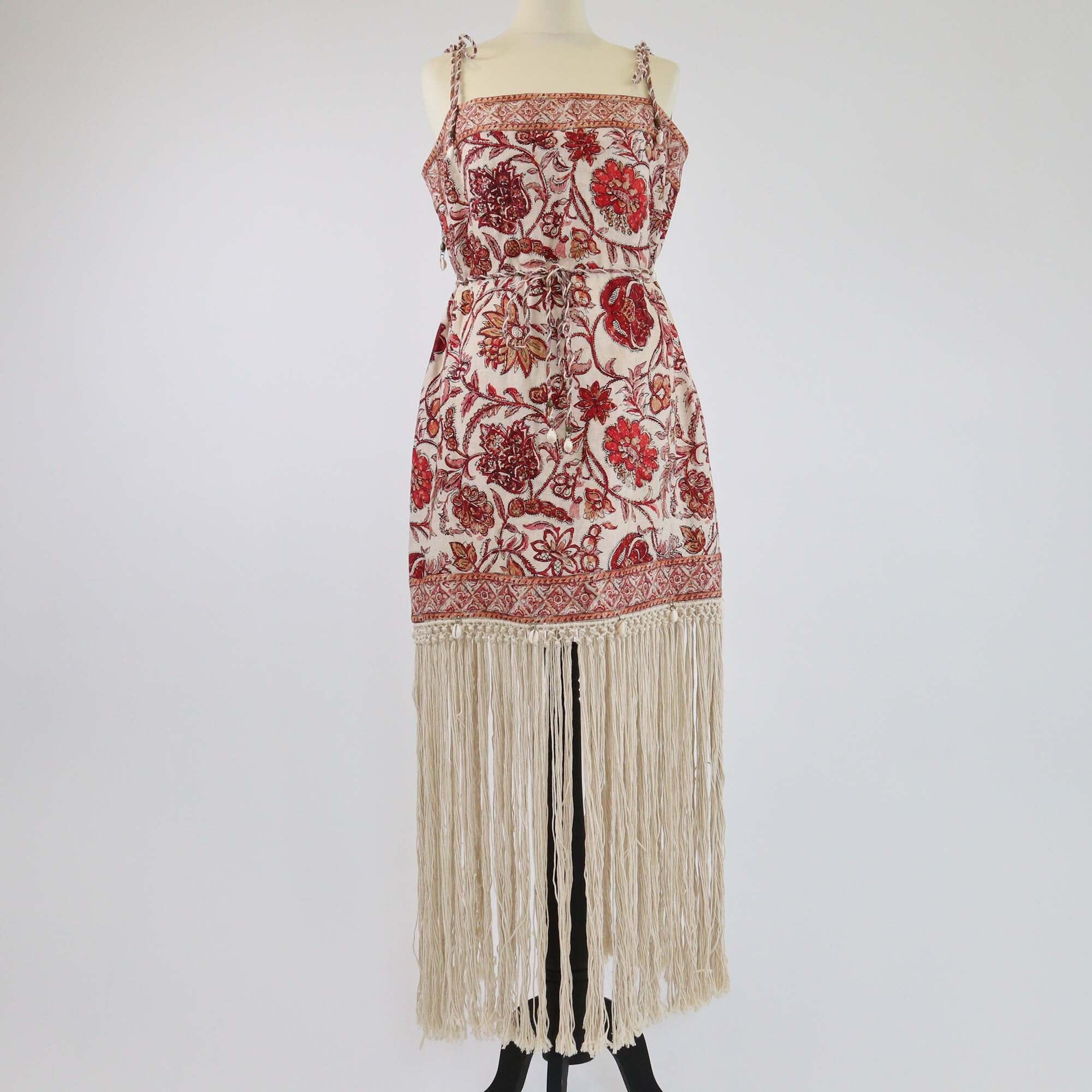 Zimmermann Cream/Red Floral Printed Stapaghetti Strap Fringe Trim Mini Dress Womens Zimmermann 